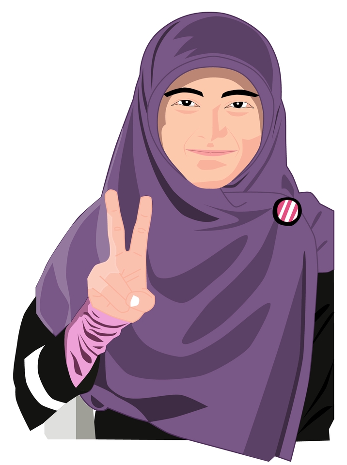 Ilustrasi wanita berhijab tersenyum dan menunjukan jari peace.