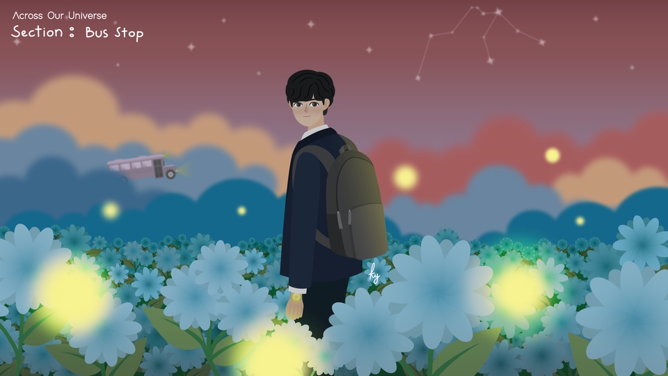 Ilustrasi pria dengan ransel sedang berjalan di tengah taman bunga biru dan hijau.