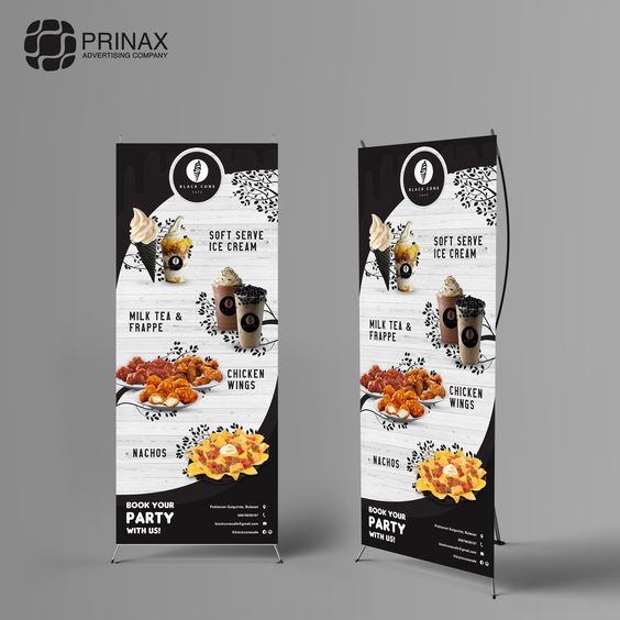 Desain spanduk untuk Black Cone dengan menu makanan dan minuman seperti ayam goreng, nachos, dan milkshake.