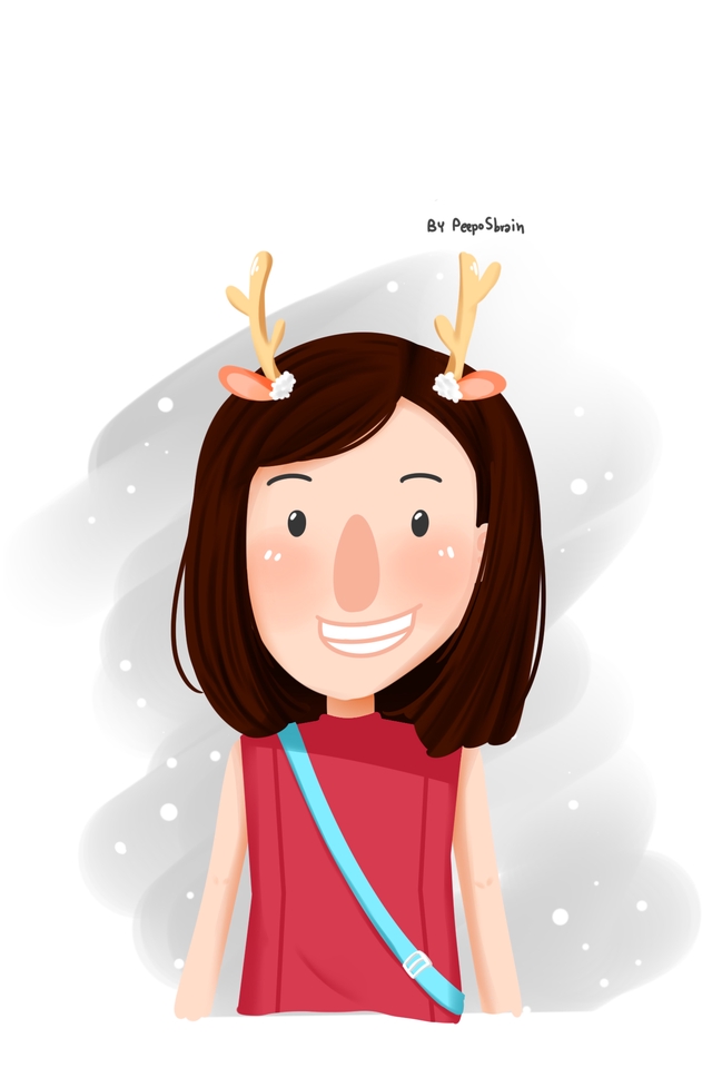 รับวาดภาพเหมือนการ์ตูน สไตล์น่ารัก ภาพประกอบหญิงสาวผมดำ สวมเขาเรนเดียร์