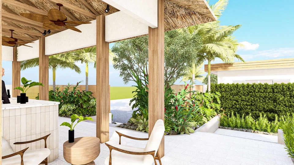 รับออกแบบภูมิทัศน์สไตล์ทรอปิคอล จัดสวนสวย บริการออกแบบสวนและจัดสวน บ้านพักตากอากาศ