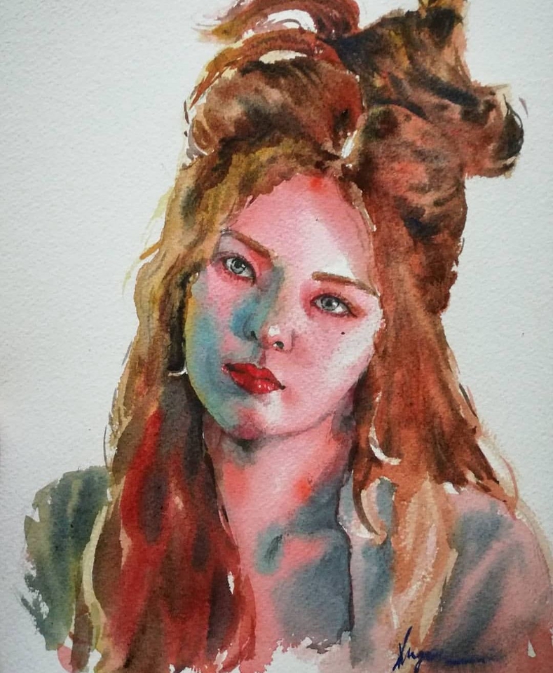 รับวาดภาพเหมือน สีน้ำ ผู้หญิง ผมยาว ใบหน้าสวย