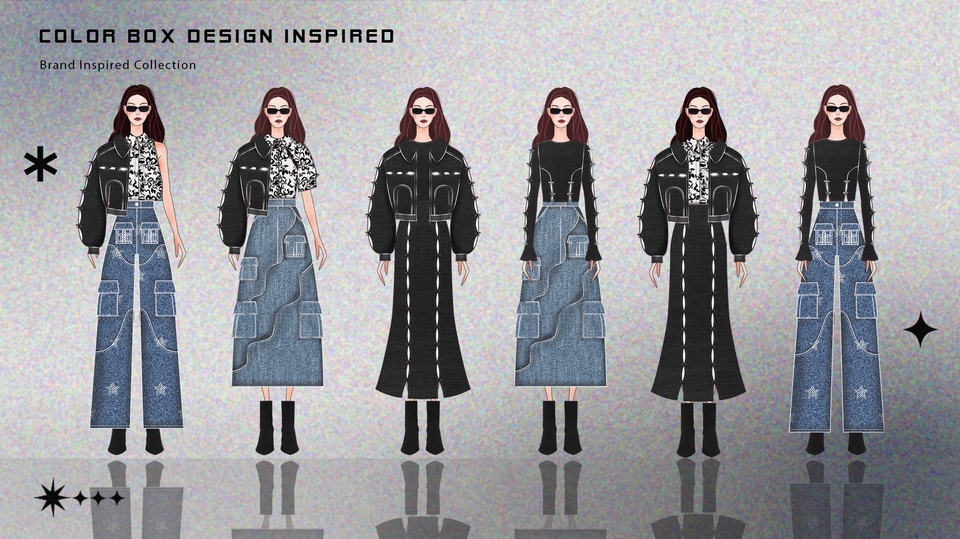 Ilustrasi desain busana wanita modern dengan warna cerah dan detail menarik, cocok untuk jasa desain ilustrasi fashion di Indonesia.