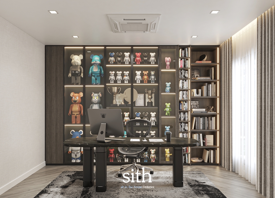 รับออกแบบตกแต่งภายในบ้านสวยหรูพร้อมห้องทำงานและชั้นวางของสะสม ออกแบบบ้านทันสมัย