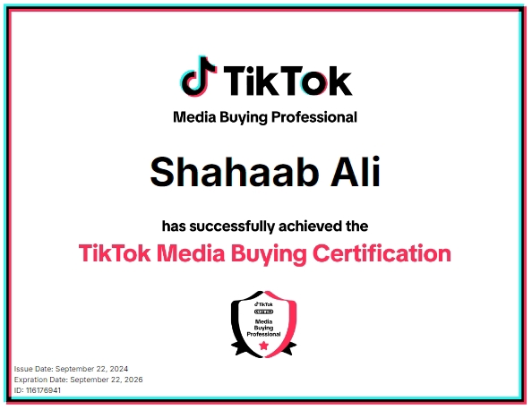 Sertifikat Tiktok Media Buying Professional untuk Shahaab Ali