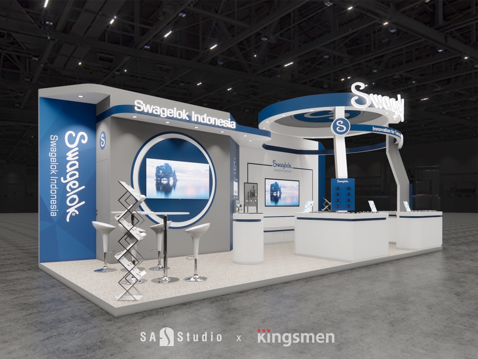 Desain booth pameran minimalis modern untuk Swagelok Indonesia, jasa desain 3d, desain stand pameran 3d, jasa desain booth pameran, desain booth pameran profesional.