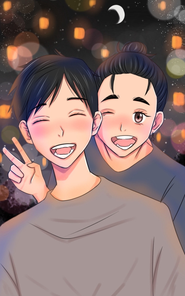 Gambar ilustrasi dua orang laki laki tersenyum bahagia. Jasa desain ilustrasi, jasa pembuatan vector, ilustrasi kartun, gambar ilustrasi.