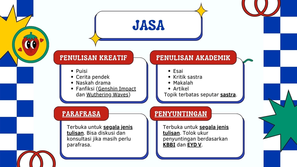 Jasa Proofreading: Penulisan Kreatif dan Akademik, Parafrase dan Penyuntingan -  Harga Jasa Proofreading Jurnal, Skripsi, Tesis, dan Naskah Bahasa Indonesia - Editing Naskah Bahasa Indonesia, Jasa Cek Plagiarisme Turnitin.