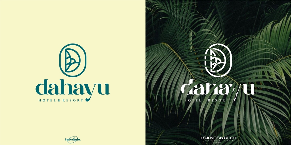 Desain logo hotel dan resort dengan nama Dahayu, logo ini menampilkan simbol daun dan lingkaran dengan warna biru tua.