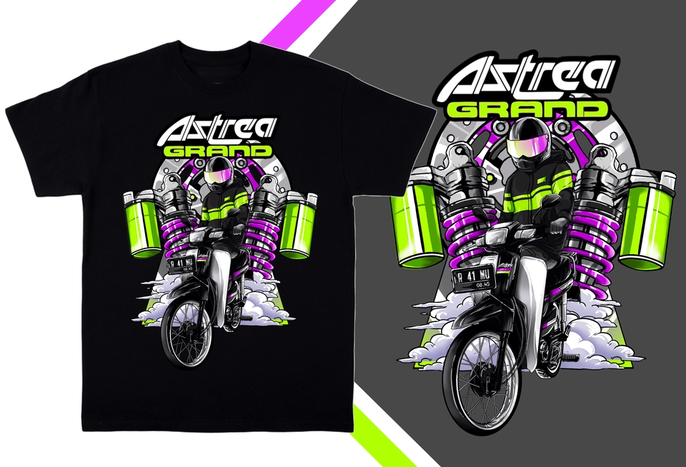 Ilustrasi motor Astra Grand dengan karakter kartun, jasa ilustrasi digital, desain grafis, ilustrasi, gambar kartun, sketsa kartun, jasa ilustrasi, jasa gambar kartun, jasa desain ilustrasi, desain icon.