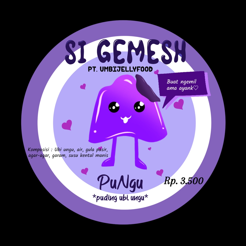 Desain kemasan unik untuk produk puding ubi ungu dengan label "Si Gemesh" dan logo burung.