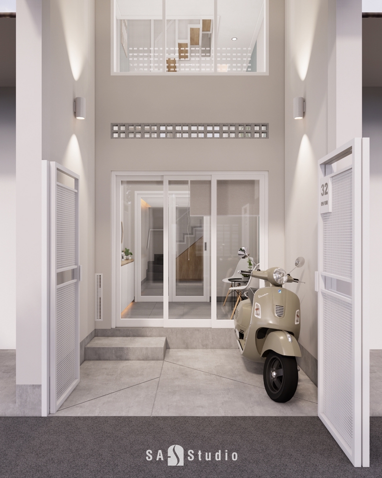 Jasa desain eksterior 3d untuk rumah minimalis dengan desain pintu modern dan motor skuter.