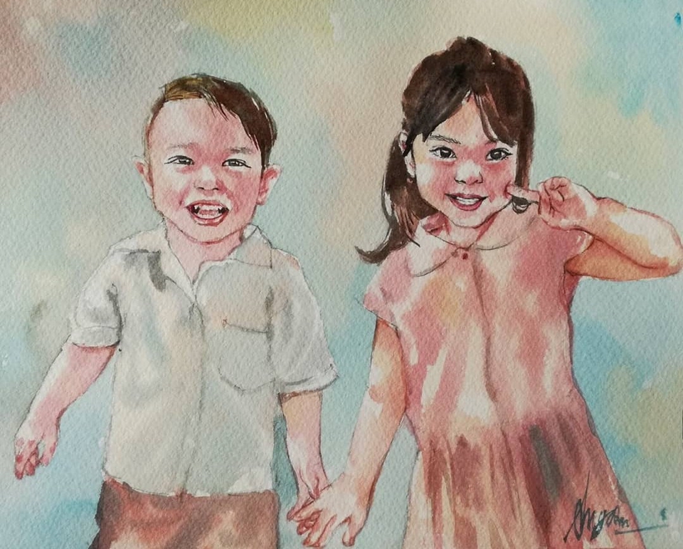รับวาดภาพเหมือน เด็กหญิงและเด็กชายยิ้มแย้มในชุดน่ารัก
