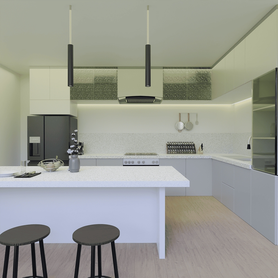 Desain lemari minimalis dengan rak dinding dan meja dapur modern untuk rumah kecil