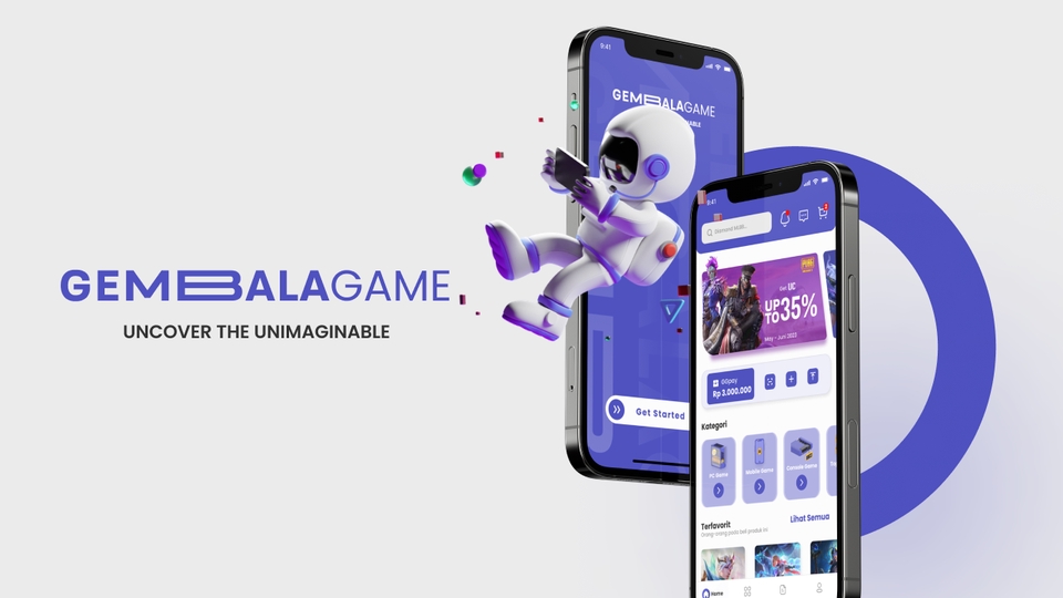 Desain UI UX untuk aplikasi mobile Gembalagame dengan desain karakter dan interface modern.