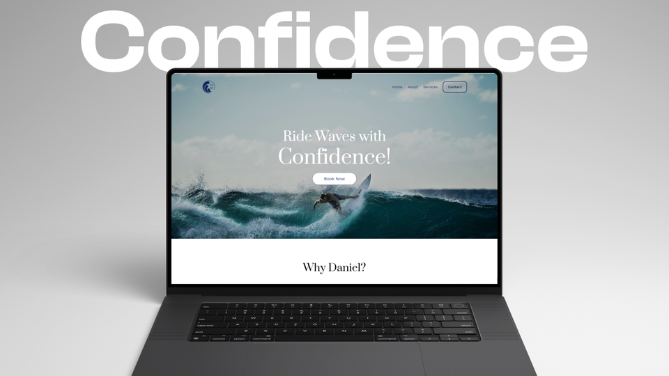 Desain UI UX untuk website dengan konsep surfing, menampilkan seorang surfer di atas ombak dengan tagline "Ride Waves with Confidence!" di bagian atas halaman website.