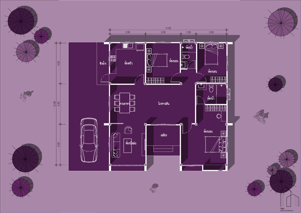 3D Perspective - ออกแบบบ้านพักอาศัยนอร์ดิก 1 ชั้น 3ห้องนอน 2ห้องน้ำ ตกแต่งภายในสไตล์มินิมอล+เทดิชันนอล - 3