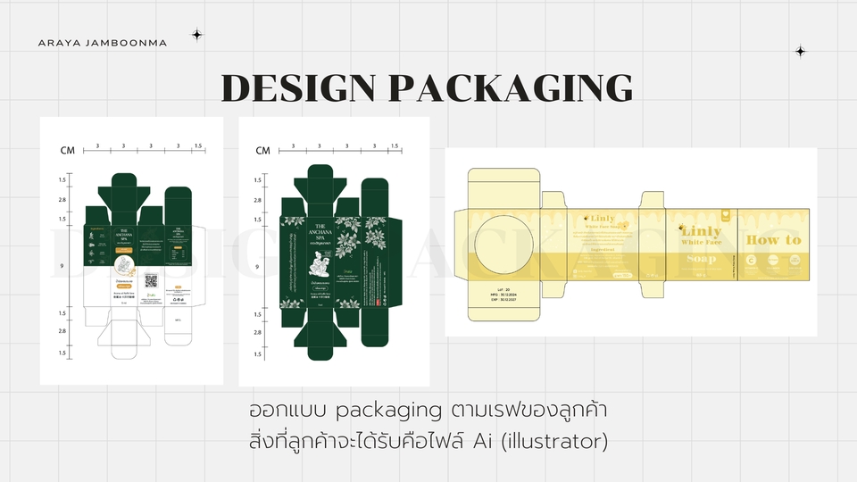 ออกแบบ packaging กล่องบรรจุภัณฑ์ สำหรับสินค้า ใช้โปรแกรม AI (Illustrator)