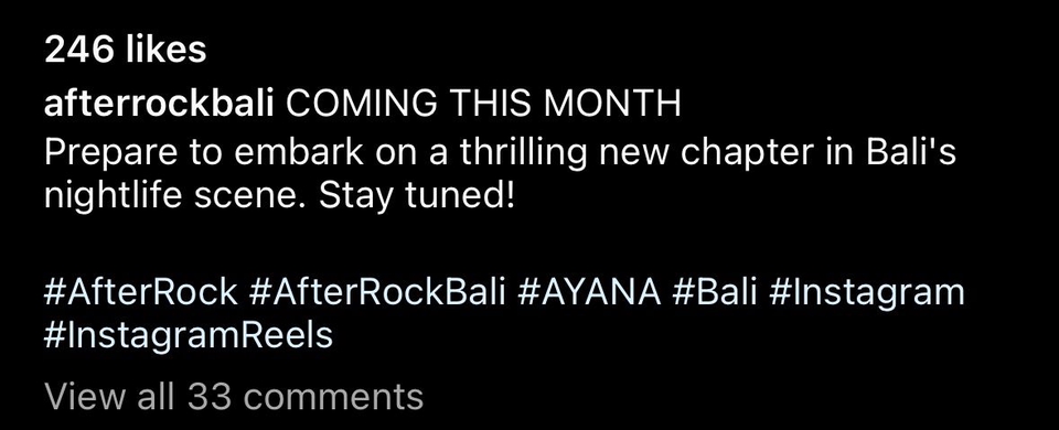 Caption instagram lucu tentang acara nightlife baru di Bali, afterrockbali datang bulan ini! #AfterRock #AfterRockBali #AYANA #Bali #Instagram #InstagramReels