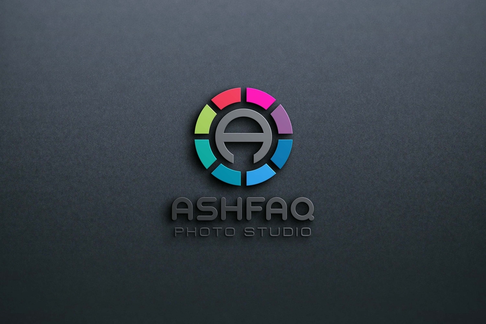 Logo untuk studio foto Ashifaq, desain logo dengan lingkaran berwarna-warni dan huruf A di tengahnya.