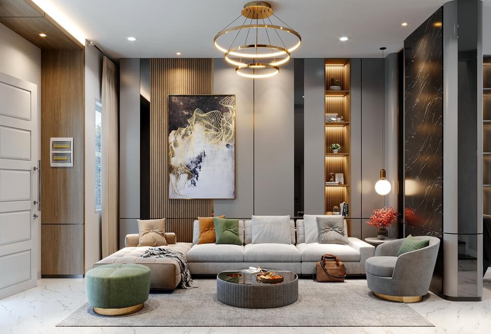 Desain ruang tamu minimalis dengan sofa abu-abu dan kursi kayu serta rak dinding.