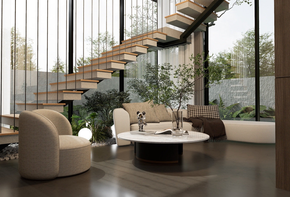 Jasa desain interior rumah minimalis modern dengan desain tangga dan sofa nyaman.