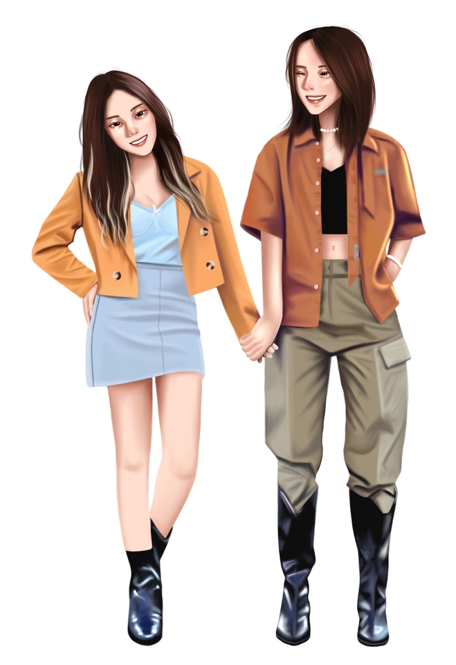 รับวาดภาพเหมือน วาดภาพเหมือน คู่รัก วาดภาพเหมือนสาวๆ 2 คน ในชุดลำลอง