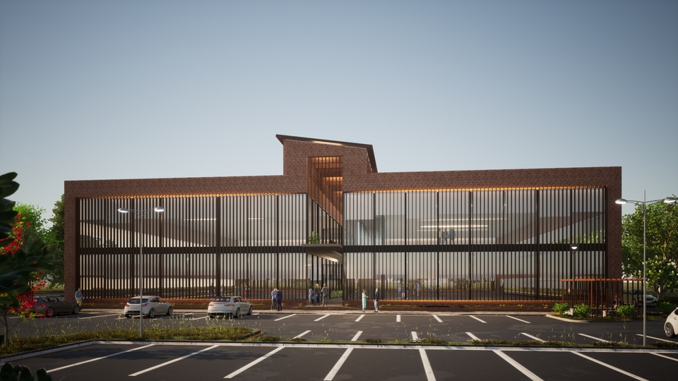 Desain exterior 3D modern minimalis untuk gedung kantor dengan facade kaca dan beton