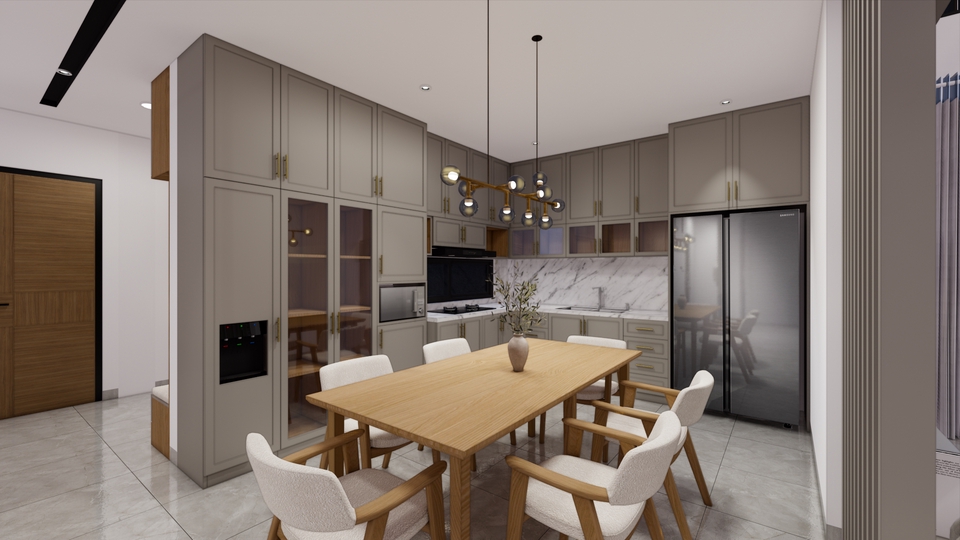 Jasa desain interior rumah minimalis modern dengan dapur dan ruang makan yang nyaman, cocok untuk inspirasi desain interior rumah.