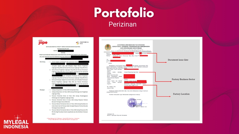 Contoh portofolio jasa perizinan legal dengan informasi lengkap mengenai dokumen, sektor bisnis, dan lokasi pabrik.