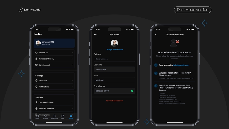 Desain aplikasi mobile UI UX untuk deaktivasi akun, dengan pilihan kirim email ke support dan input alasan deaktivasi.