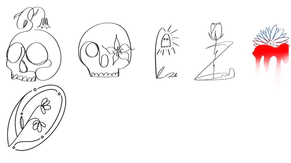 ออกแบบรอยสัก กะโหลก ดอกไม้ ลายเส้น มินิมอล