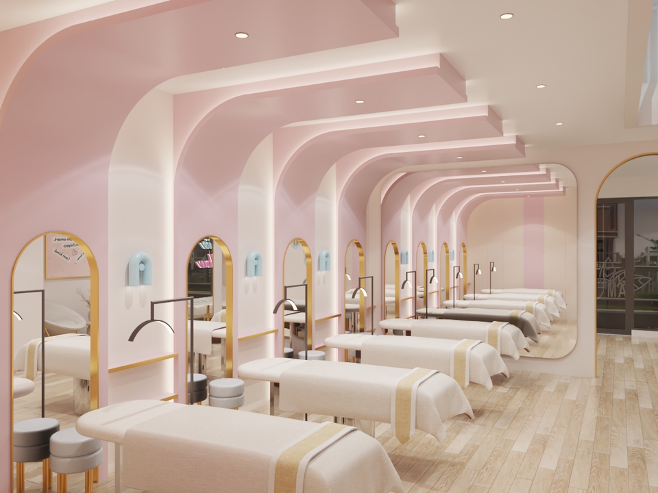 Jasa desain interior salon minimalis modern dengan desain meja spa mewah dan lighting menarik