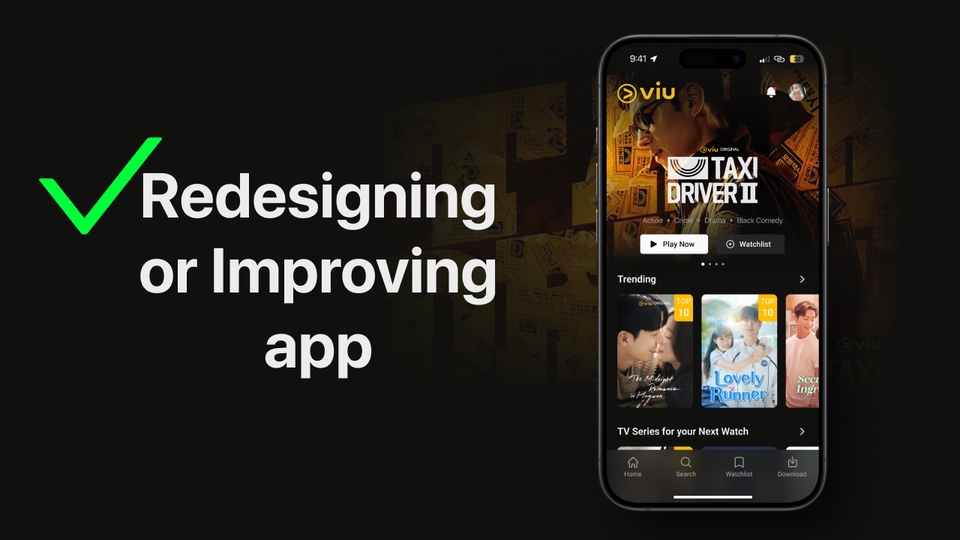 Desain ulang atau peningkatan aplikasi streaming dengan antarmuka pengguna dan pengalaman pengguna yang menarik.