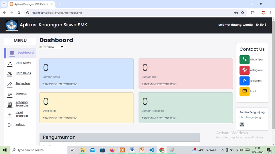 Dashboard aplikasi keuangan siswa SMK dengan informasi jumlah siswa, jumlah kelas, transaksi, dan pengumuman.