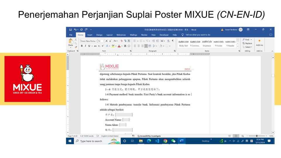 Penerjemahan Perjanjian Suplai Poster Mixue (CN-EN-ID) - Terjemahan bahasa Inggris ke Indonesia, translate dokumen, jasa penerjemah online, jasa penerjemah dokumen, translate inggris ke indonesia, penerjemah bahasa inggris, penerjemah mandarin.