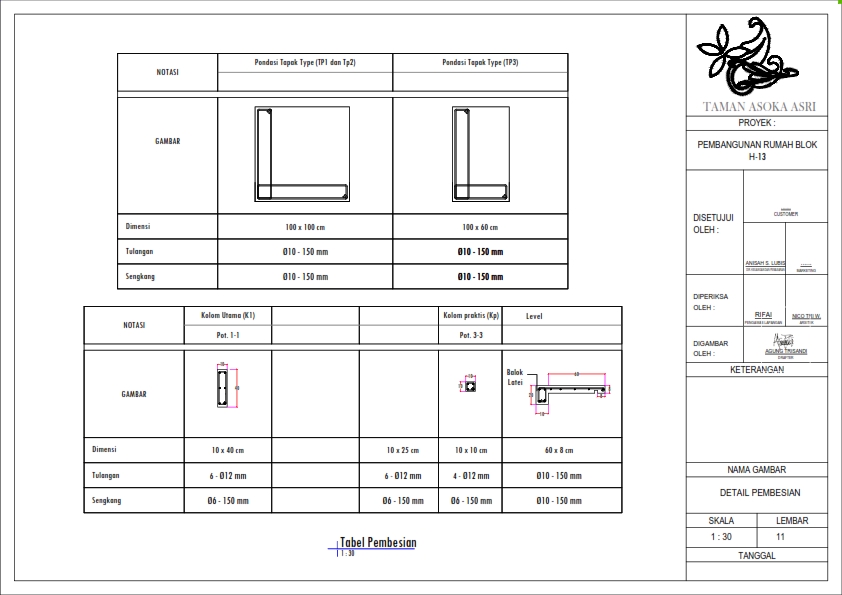 Jasa drafter autocad murah untuk pembuatan gambar denah rumah blok H-13 Taman Asoka Asri Proyek