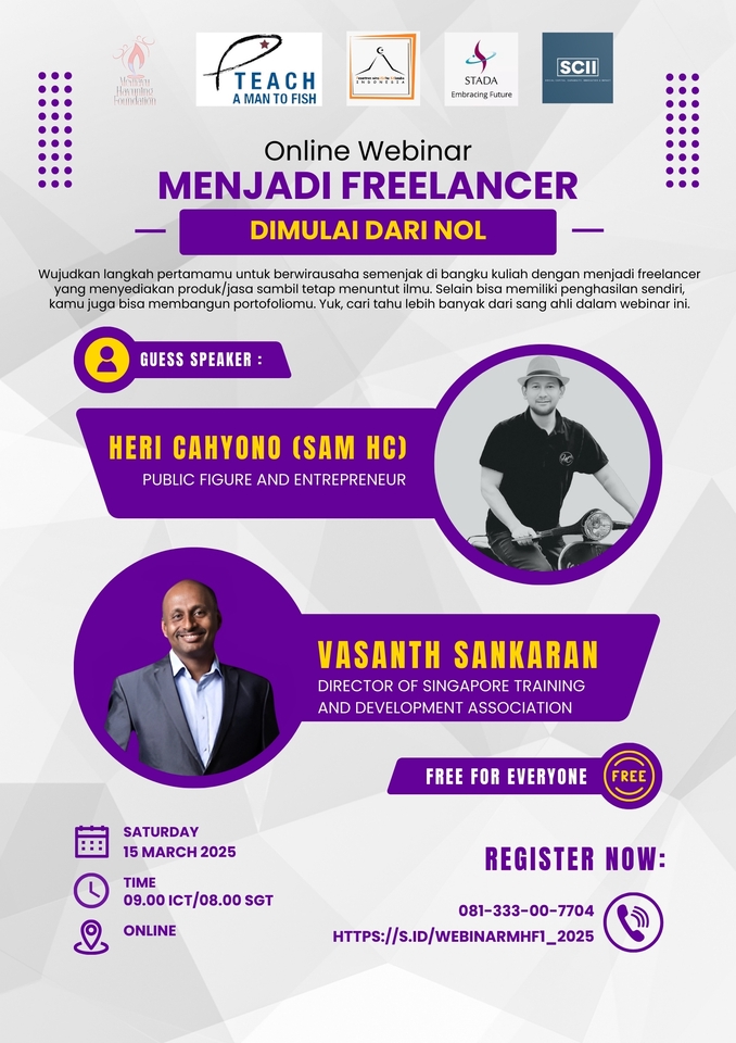 Konsultan Membangun Bisnis: Pelajari strategi menjadi freelancer dari nol bersama Heri Cahyono (Sam HC) dan Vasanth Sankaran, Direktur Singapore Training and Development Association. Daftar sekarang dan dapatkan akses webinar gratis!