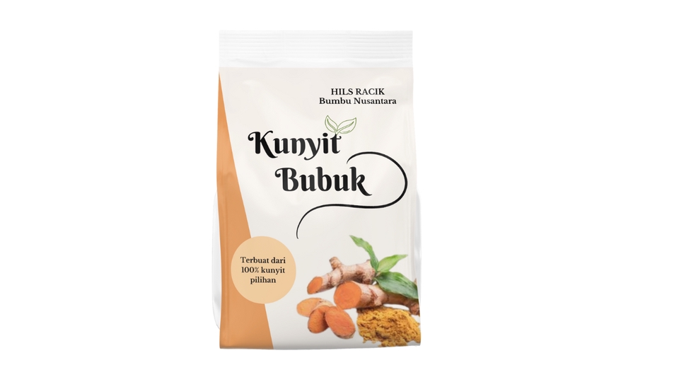 Kemasan unik untuk produk bumbu kunyit bubuk dengan desain label minimalis dan elegan.