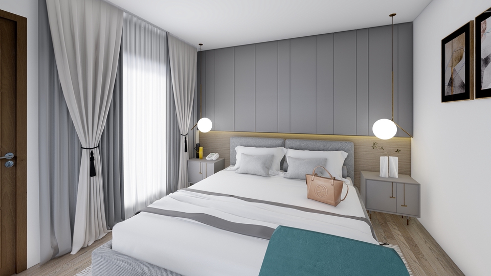 Desain interior kamar tidur minimalis modern dengan ranjang dan lampu gantung. Jasa desain interior, desain interior kamar tidur, desain interior minimalis, desain rumah minimalis, desain kamar tidur.