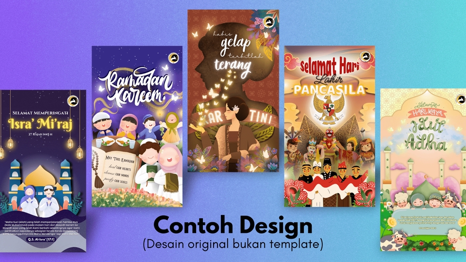 Contoh desain ilustrasi digital dengan tema hari besar di Indonesia. Desain ilustrasi meliputi: Isro Mi'raj, Ramadhan Kareem, Hari Lahir Pancasila, Hari Lebaran Adha, dan Selamat Hari Ibu. Ilustrasi cocok digunakan untuk keperluan konten media sosial, desain kaos, dan merchandise.