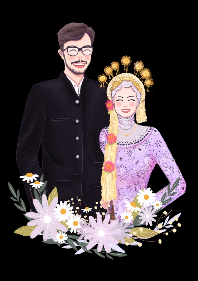Ilustrasi pasangan pengantin wanita memakai baju adat dan pria memakai jas