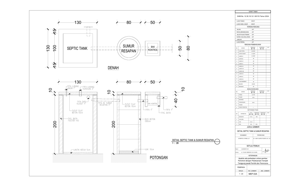 Jasa drafter autocad, gambar denah dan potongan septic tank dan sumur resapan