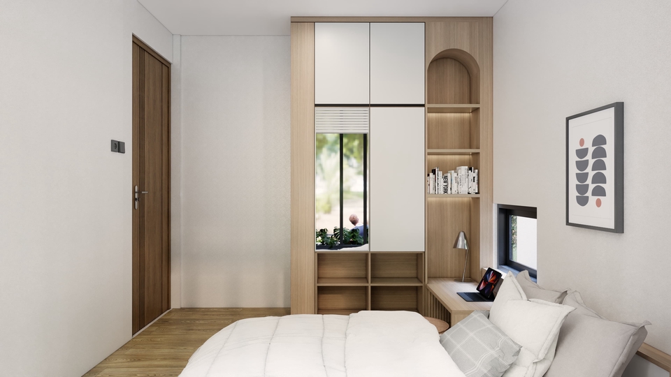 Jasa desain interior rumah minimalis dengan ruang tidur modern dan lemari pakaian 3D