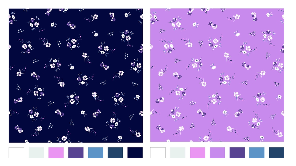 รับออกแบบลายเสื้อผ้า แฟชั่น ลายดอกไม้ สีม่วง สีน้ำเงิน