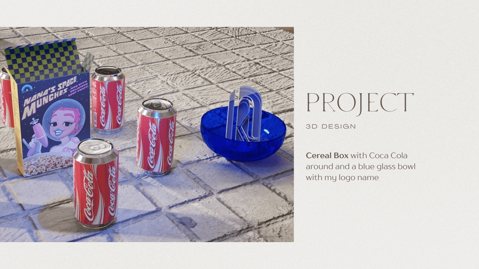 Jasa desain 3d, mockup desain kotak sereal dengan coca cola dan mangkuk kaca biru, desain interior 3d.
