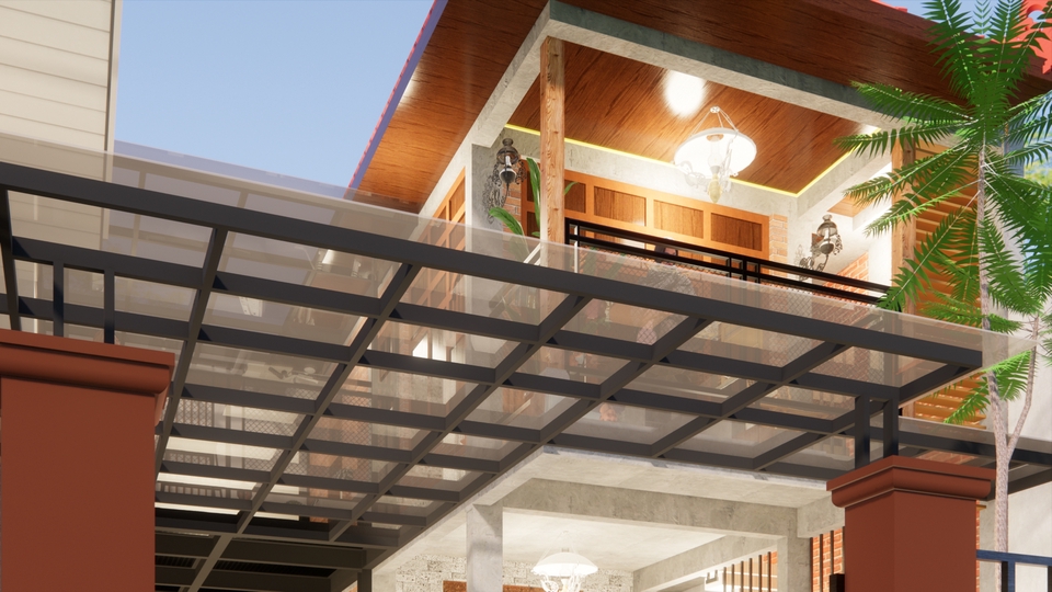Jasa desain eksterior 3d untuk rumah minimalis dengan kanopi kaca dan balkon.