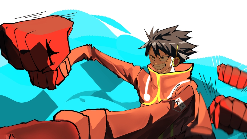 Ilustrasi digital seorang karakter anime sedang berpose dengan tangan mengepal kuat