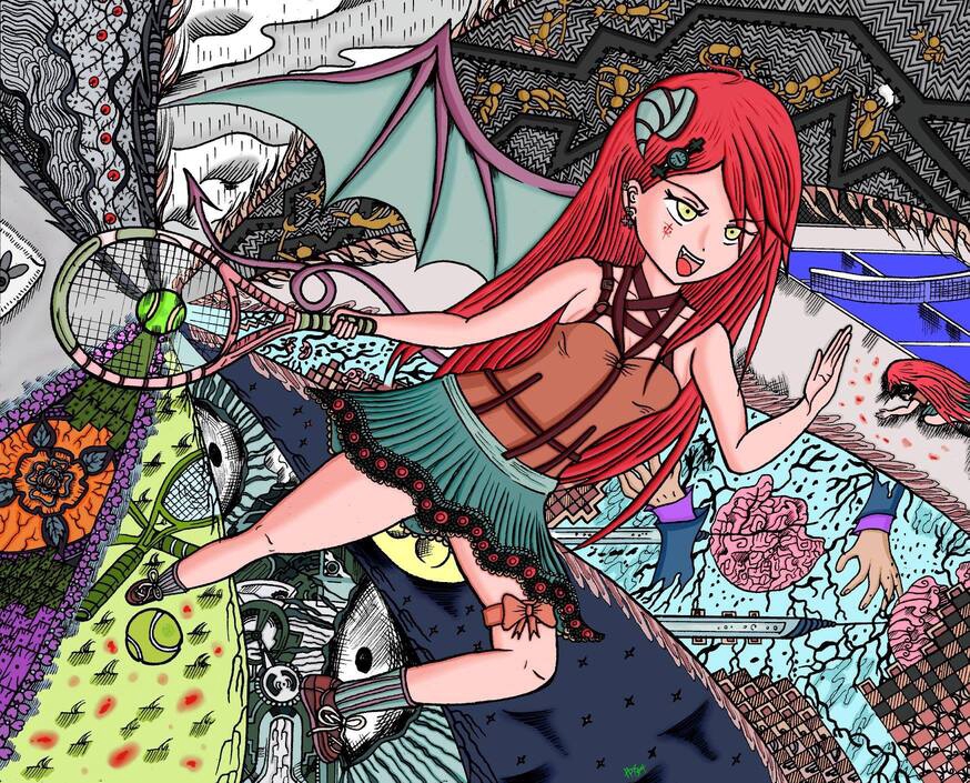 ออกแบบตัวการ์ตูน ออกแบบคาแรคเตอร์สไตล์ญี่ปุ่นภาพวาดการ์ตูนหญิงสาวผมแดงเล่นเทนนิสพร้อมปีกและชุดน่ารัก
