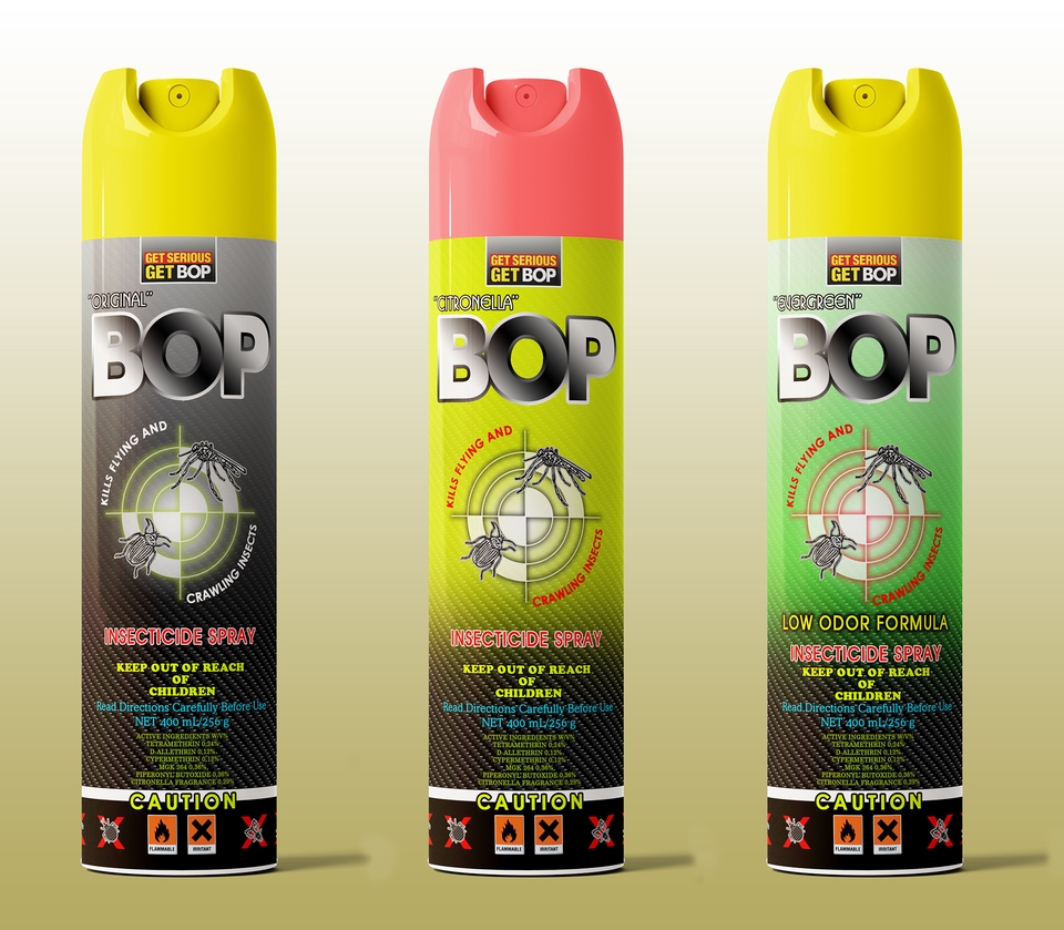 Desain Kemasan Produk Spray Pembasmi Serangga dengan Label "BOP" - Jasa Desain Kemasan Makanan - Desain Kemasan Unik - Desain Label Makanan - Desain Label Produk